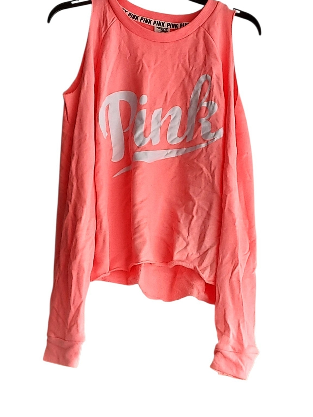 PINK Victoria's Secret Coral Cold-Shoulder Sweatshirt with White Logo